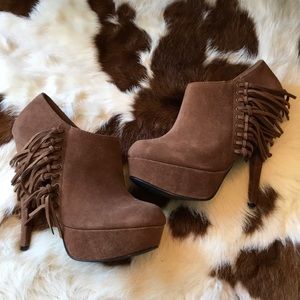 bebe Leather Fringe Platform Booties